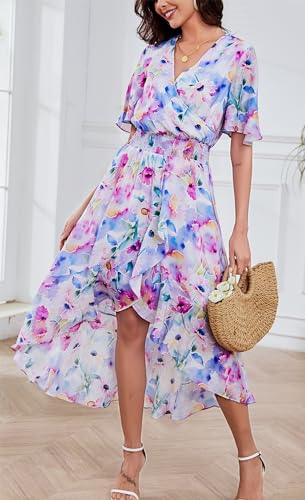 Image of Kormei Womens Short Sleeve Floral Maxi Dress High Low V-Neck Flowy Party Long Dresses