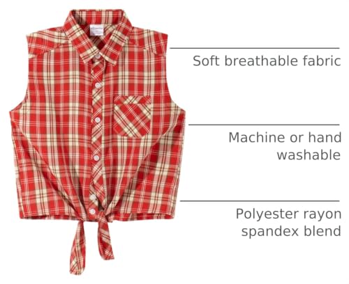 Image of Noomelfish Girls Sleeveless Plaid Button Down Shirt Tie Knot Blouse Tank Tops, Red Plaid, Size 5-6 Years