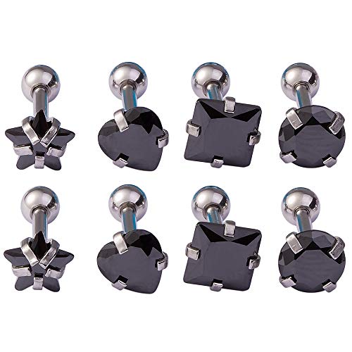 LIZD Jewelry A Set of 4 Pairs Of Zircon Ear Studs Cartilage Tragus Earring Piercing Stainless Steel Studs Piercing Body Jewelry(Black)