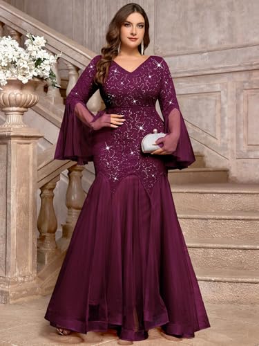 Image of MISSMAY Women's Plus Size Formal Evening Gowns Sequin Mermaid Tulle Dresses