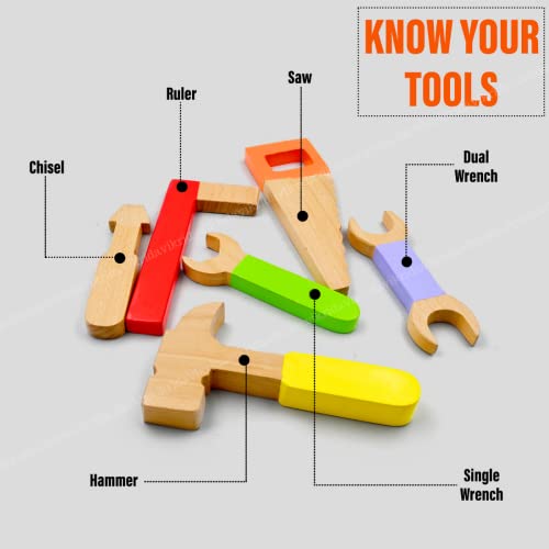 Image of VikriDa Take-Along Tool Kit Wooden Toy (Pretend Play, Sturdy Wooden Construction, Promotes Multiple Development Skills) - 7Pcs Set