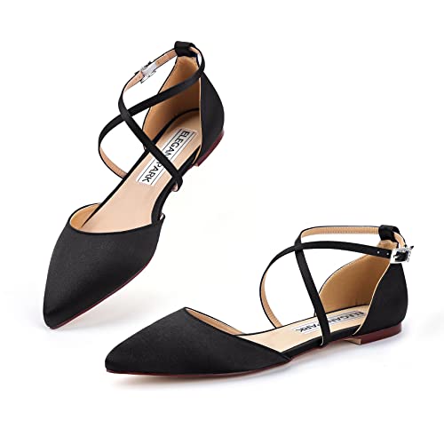 Image of ELEGANTPARK FC2322 Comfortable Satin Pointed Toe Flats for Women Ankle Straps Wedding Flats for Bride Shoes Evening Party Guest Shoes for Women Dressy Low Heel