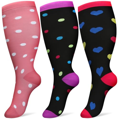 Pnosnesy 3 Pairs Plus Size Compression Socks for Women and Men Wide Calf 20-30mmhg Extra Large Knee High Support for Circulation