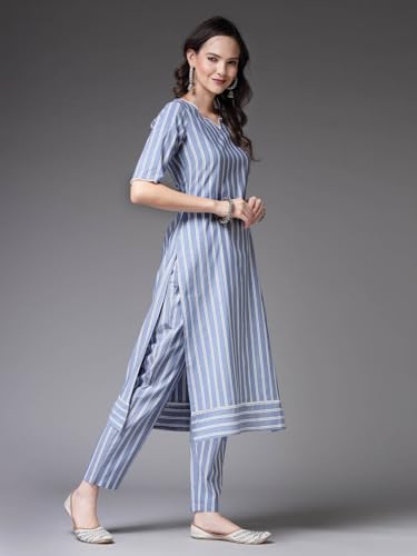 Image of Stylum Women's Woven Striped Cotton Blend Straight Kurta Pant Set (KPXHOORBLUE Blue)