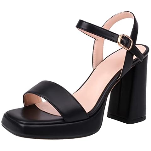 XIEWANG Women's Chunky Heel Ankle Strap Open Toe Platform High Heel Sandals (5 UK, Black) Cover