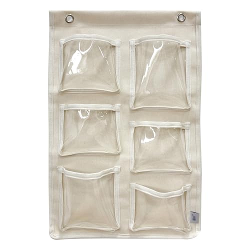 MOVEBO Wall Mounted Storage Organizer, 6 Clear Pockets With 2 Hooks, Canvas Hanging Organizer for Office and Home, Beige