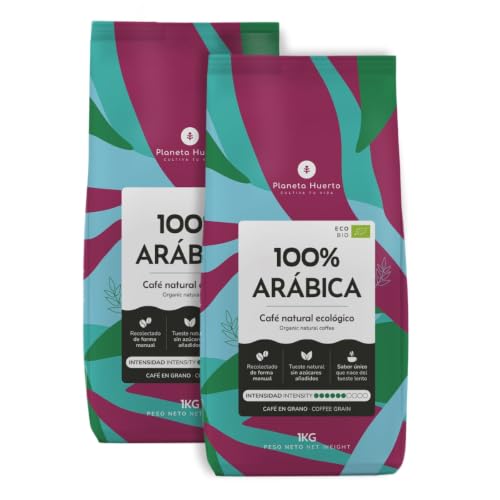 PLANETA HUERTO | Pack 2x Café Grano Ecológico 100% Arábica 1 Kg – Café Grano bio premium sabor suave y afrutado, ideal espresso, italiana y prensa francesa
