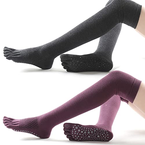 Pesine 2 PCS Thigh High Yoga Socks for Women Non-Slip Toeless Long Socks for Pilates Pure Barre Dance Barefoot Workout (Black & Grey), One Size2