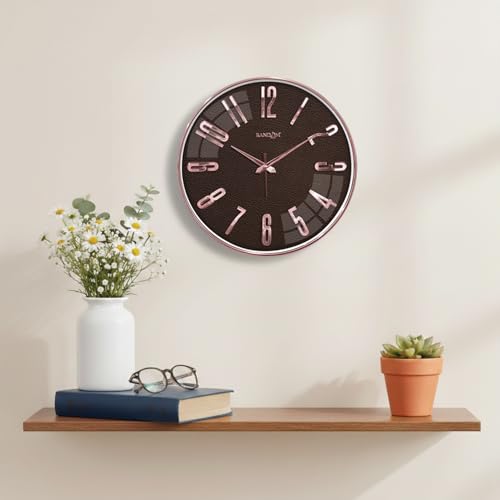 Image of RANDOM Sweep Silent Wall Clock, Non-Ticking Quartz Movement with 3D Foiling Numbers. (Rose Gold and Brown)