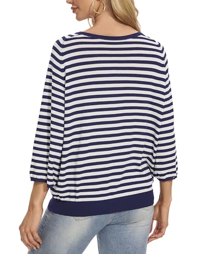 Image of Betu Women Striped Crewneck Batwing 3 /4 Sleave Fall Oversized Ribbed Knit Pullover Sweaters, 520 S