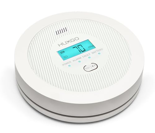 HUXGO® Detector Monoxido de Carbono HXAC01 | Sensor CO de Alta Precisión, Pantalla LCD Retroiluminada | Alarma de CO a Pilas para el Hogar