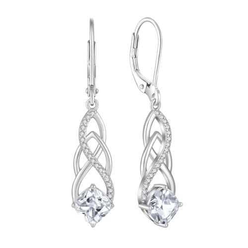 Princess Cut Drop Dangle Earrings 925 Sterling Silver Celtic Knot Leverback Earrings Birthstone Infinity Jewelry Gifts for Women