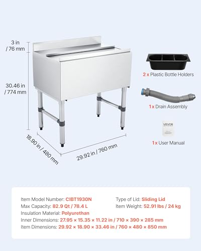 Image of VEVOR Commercial Ice Bin,19 Inch Stainless Steel Ice Chest with Sliding Lid and Bottle Holders, Cooler Cart Cocktail Unit for Bar Restaurant Pub, NSF Certified