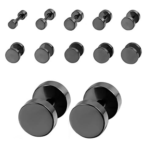 10 Pairs Stainless Steel Fake Black Stud Earrings Ear Stretcher Plugs Cheater Earrings, Screw Flat Back Earrings Jewelry Set for Men Women (3mm-14mm) Cover