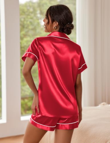 Image of Ekouaer Pajamas for Women Set Silk Satin Pjs Button Down Sleepwear Summer Loungewear Top and Shorts Lounge Set S-XXL