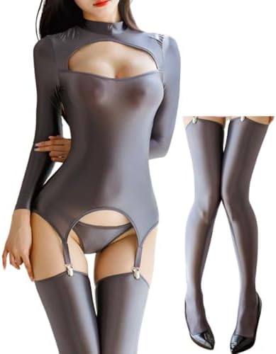 [MORApink] レオタード セクシー 過激 透け ハイネック 光沢 シースルー セット コスプレ ニーハイ ボディースーツ ボディタイツ 谷間 長袖 伸縮性 大きいサイズ 詳細画像1