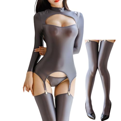 [MORApink] レオタード セクシー 過激 透け ハイネック 光沢 シースルー セット コスプレ ニーハイ ボディースーツ ボディタイツ 谷間 長袖 伸縮性 大きいサイズ - 画像1