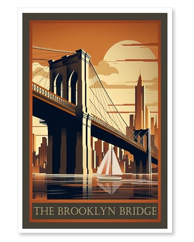 ArtMalore Boat by Brooklyn Bridge NYC Vintage Style Travel Poster - 12x18 Inch Unframed for Custom Styling Premium Quality for Enhancing Home and Office Spaces with Iconic NYC Charm