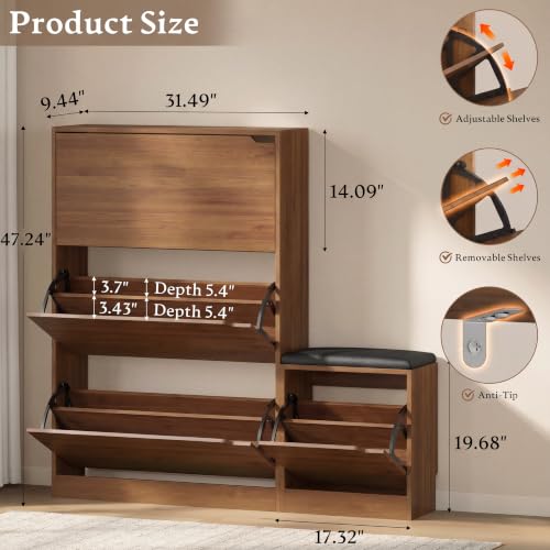 Image of BORNOON Shoe Cabinet with Bench and 3 Flip Drawers, Slim Narrow Shoe Storage Cabinet, Freestanding Shoe Rack Organizer with Adjustable & Removable Shelves, Anti-Tip for Entryway, Hallway, Foyer