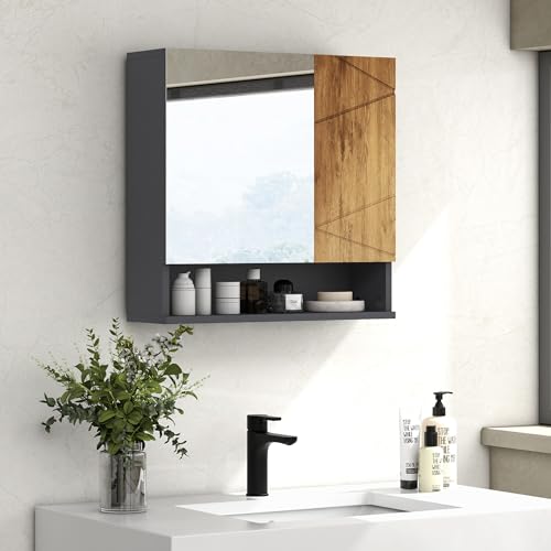 kleankin Armoire Murale Miroir de Salle de Bain Placard de Rangement 2 Portes avec étagères réglables Design Contemporain 55 x 17 x 55 cm Naturel Gris foncé