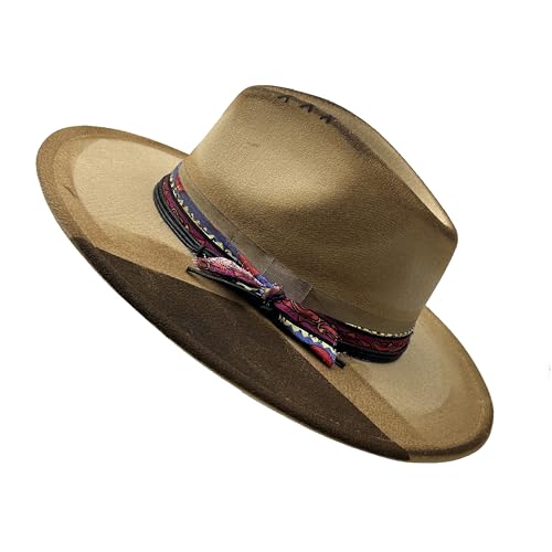 Image of Classic Wide Brim Fedora Hat for Women Man Floppy Panama Hat Western Felt Outdoor Hat with Band Sun Protection