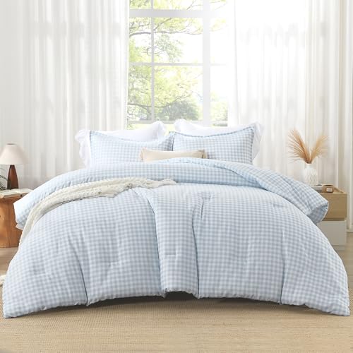 Image of Andency Light Blue Gingham Comforter Set Queen(90x90Inch), Checkered Grid Plaid Buffalo Bed Set for Girls Boys Kids Teens, 3 Pieces Lightweight Polyester Geometric Preppy Bedding
