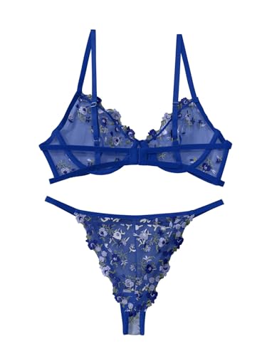 Image of Lilosy Sexy Floral Embroidered Mesh Sheer Underwire Lingerie Set
