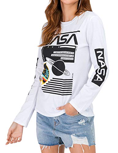 WLLW Women Long Sleeve Crew Neck NASA Letter Print Shirt Tops Blouse Sweatshirt (2XL, White)