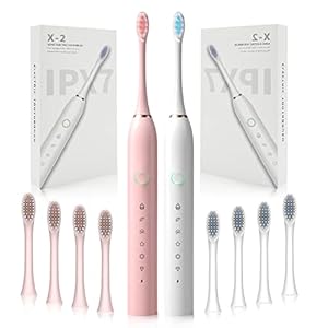 SENWEN 2 Pack Rechargeable Electrical Toothbrushes for Adults and Children, Sonic Whitening Tooth Brush with 8 Brush Heads, 6 Cleansing Modes and Good Timer, Waterproof Cleansing Toothbrushes(White&Pink)