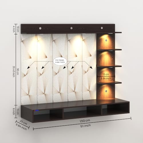 Image of Anikaa Tyron Engineered Wood Wall-Mount TV Unit with PVC Back Panel & LED Lights | TV Cabinet with Storage Box & Decorative Shelves (Wenge) | Ideal for TVs up to 43 Inch | DIY Installation