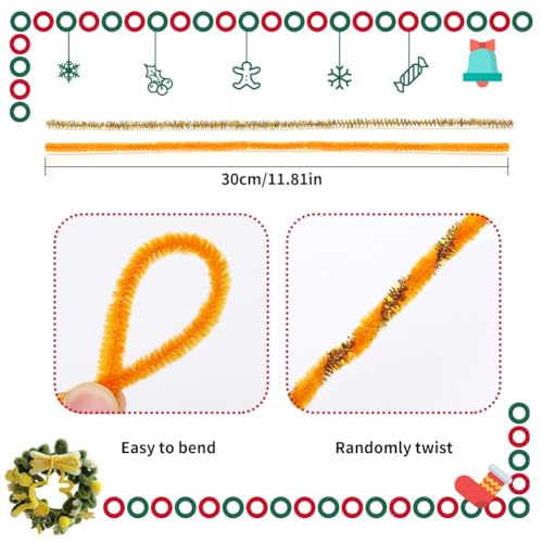 Image of Pipe Cleaners, 200PCS Orange /Glitter Gold Craft Chenille Stem | Pipe Cleaners Chenille Stem, 100PCS Orange+100PCS Glitter Gold Fuzzy Sticks Pipe Cleaners Bulk for DIY Sunflower Decoration