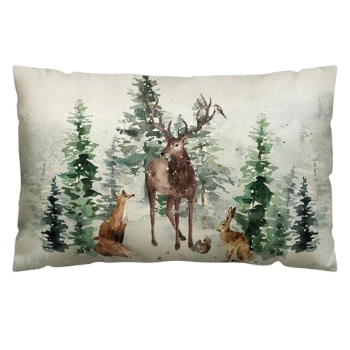 ELNX Christmas Cushion Covers | 30x50cm Watercolor Deer Rabbit Fox Pine Trees Snow Christmas Pillowcase Xmas Winter Throw Pillow Cover Cushion Case for Sofa Home Outdoor Decor