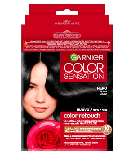 Garnier Color Sensation Color Retouch Tinte para el cabello permanente ideal para el crecimiento cubre el 100% de los cabellos blancos, aplicación sencilla, color negro – Paquete de 3 tintes