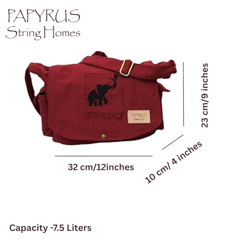 Image of Rough Canvas Cotton Messenger Sling Bag, (32x23x10cm, 7.5L) Medium Size. Patching with Elephant Design