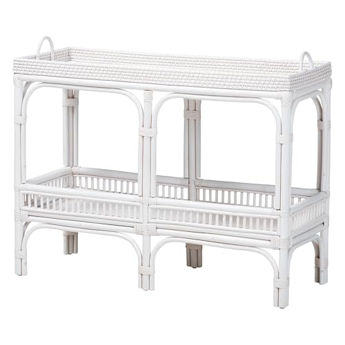 Bali & pari Lombok Natural Rattan Console Table - Handwoven Wicker 2-Tier Accent Table with Raised Tray Top for Living Room or Entryway White