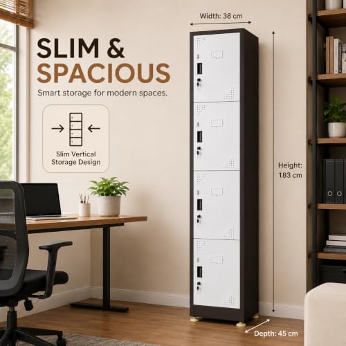 Image of Amazon Brand - Solimo 4-Door Vertical Steel Locker | Heavy-Duty Lockable Storage Cabinet for Gym, School, Office & Home | Secure Compartments for Clothes, Gear & Valuables Powder Coated Brown Finish