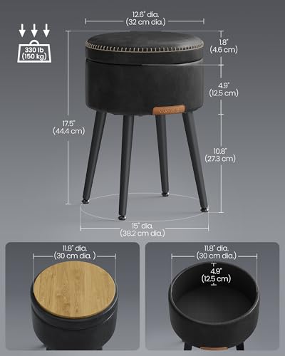 Image of VASAGLE EKHO Collection - Storage Ottoman, Vanity Chair Stool, Synthetic Leather with Stitching, Mid-Century Modern, Round Storage Seat with Steel Legs, Loads 330 lb, Ink Black ULOM005BH08