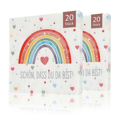 CraftWerk Servietten Regenbogen 40er Pack - Deko mit Spruch Schön dass Du da bist für Kindergeburtstag Geburtstag oder Einschulung 32 x32 cm