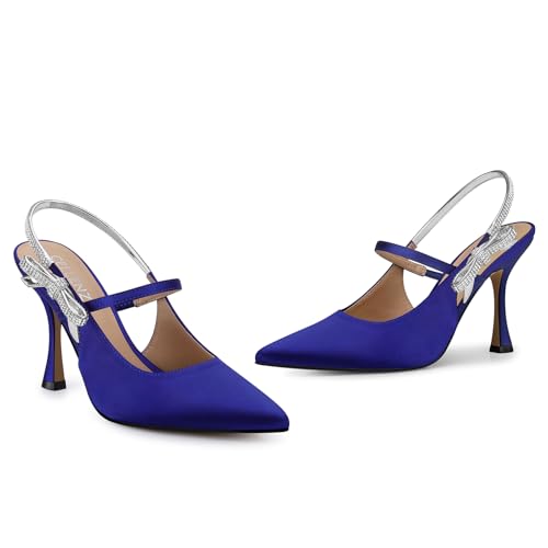 Women Kitten Heel Pumps: Pointed Toe Slingback High Heels - Blue Sparkly Bow Sexy Pump - Prom Shoes Night Party Size 6.52