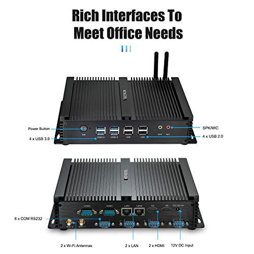 Image of KINGDEL Mini Desktop Computer Micro PC with i7 CPU, 8GB RAM, 128GB SSD+1TB HDD, Fanless, 2xLAN, 2xHD Ports, 4xUSB 3.0, 6xCOM RS232