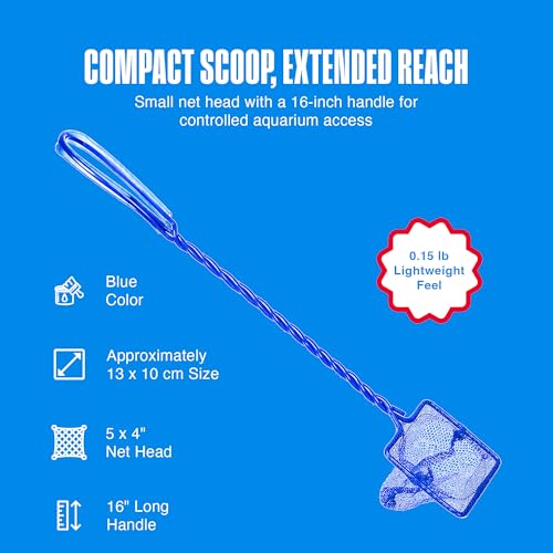 Image of Penn-Plax Quick-Net Aquarium Fish Net - 5 x 4 in Fine Mesh, 16 in Vinyl-Covered Braided Long Handle - Small Aquarium Cleaning Tool for Gentle Fish Handling - Use in Freshwater & Saltwater Tanks - Blue