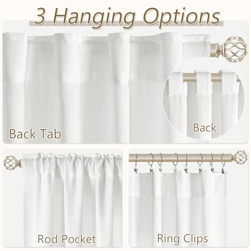 Size 52x96 Color White Soft White Semi Sheer Textured Linen Curtains 96 Inches Length Long, 2 Panels Set for Bedroom Dining Living Room,Back Tab,Rod Pocket,Clip Rings Light Filtering Window Drapes,W52 x L96