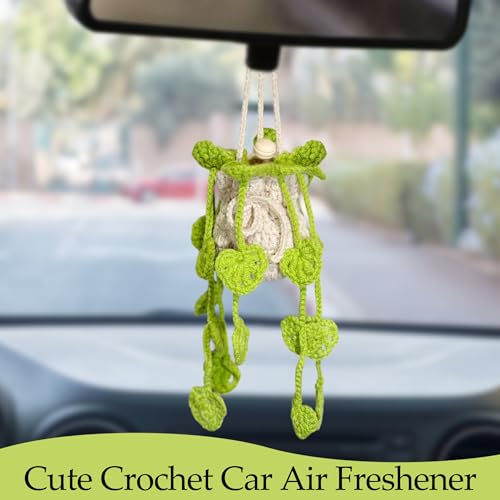 Image of Crochet Car Air Freshener Hanging, Cute Hanging Plant for Cars, Crochet Plant with 10ml Empty Refillable Oil Diffuser Bottle, Handmade Boho Car Ornaments Charms for Rear View Mirror, Green