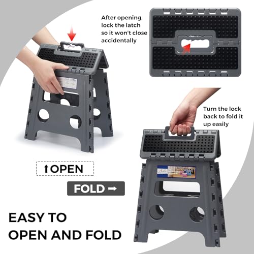 Image of ACKO Folding Step Stool 13 inch Height Premium Heavy Duty Foldable Step Stools for Adults and Kids, Kitchen Plastic Small Collapsible Stepping Stool Hold Up to 300 LB Dot Grey (1 Pack)