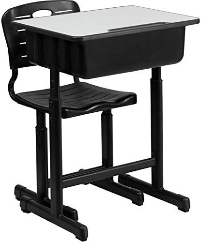PEATAO Kids Adjustable Black Desk and Chair Set, Height Adjustable Ergonomic Children's School Workstation with Storage Drawer, Desk and Chair Set for Children/Students
