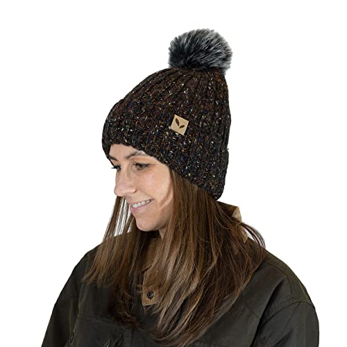 Sprigs Chunky Knit Faux Fur Lined Speckle Beanie with Faux Fur Pom Pom | Womens Pom Pom Hat Winter Beanie (Black)