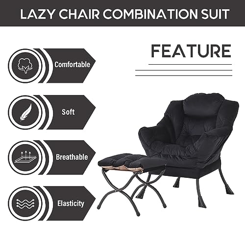Image of LITA Lazy Chair with Ottoman, Modern Accent Leisure Upholstered Sofa Chair, Contemporary Lounge Reading Chairs with Armrests and a Side Pocket for Living Room, Bedroom & Small Space, Black