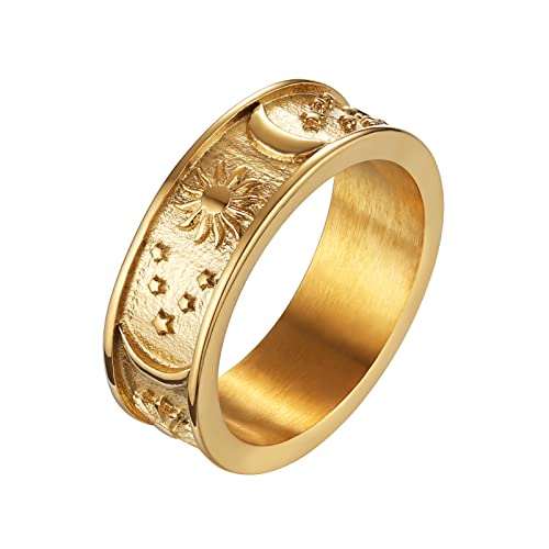 HZMAN 8mm Moon Star Sun Statement Ring Stainless Steel Boho Jewelry for Women Men (Gold, 6)