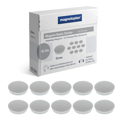 Magnet Basic Series - 10 imanes de Colores para Pizarra magnética, Nevera y pizarras Blancas, diámetro de 38 mm, Fuerza de sujeción 1500 g (10 Hojas A4), Revestimiento Especial sin arañazos