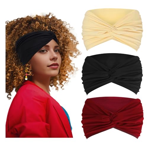 Fodofodo 3 Pack Wide Headbands for Women,Wide Hair Wrap Sport Headband,Stretchy Knotted Headbands,Boho Thick Women’s Hair Head Bands,Hair Accessories for Yoga,Exercise (Fashion Style)